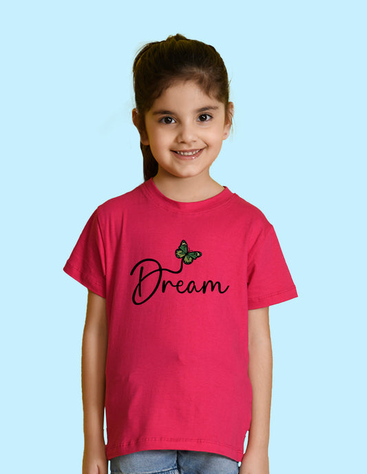 Nusyl Girl's Hot Pink Butterfly & Dream Text Printed Regular Fit T-Shirt