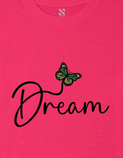 Nusyl Girl's Hot Pink Butterfly & Dream Text Printed Regular Fit T-Shirt