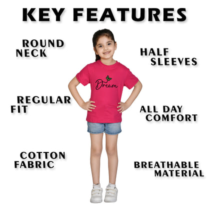 Nusyl Girl's Hot Pink Butterfly & Dream Text Printed Regular Fit T-Shirt
