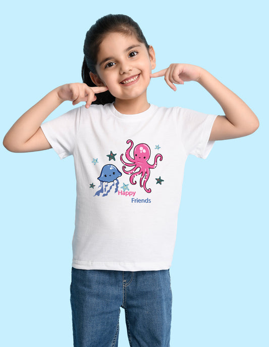 Nusyl Girl's White Cute Jellyfish & Text Printed Regular Fit T-Shirt