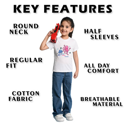 Nusyl Girl's White Cute Jellyfish & Text Printed Regular Fit T-Shirt
