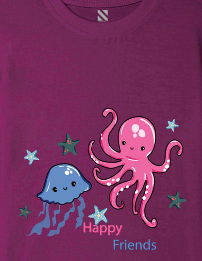 Nusyl Girl's Wine Cute Jellyfish & Text Printed Regular Fit T-Shirt