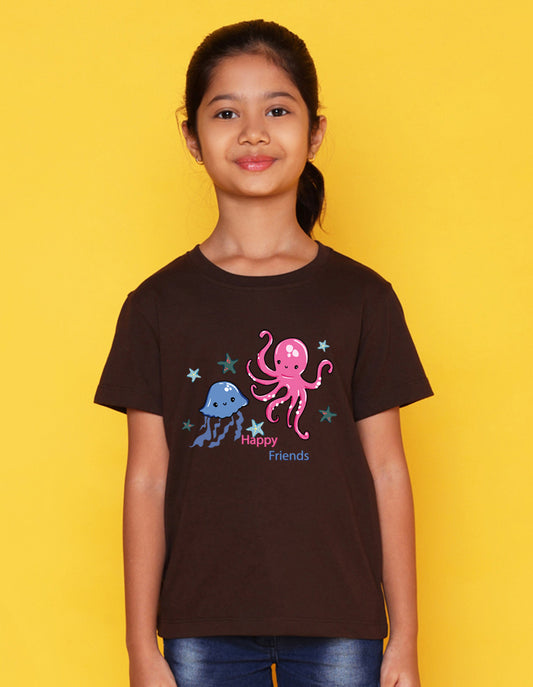 Nusyl Girl's Brown Cute Jellyfish & Text Printed Regular Fit T-Shirt