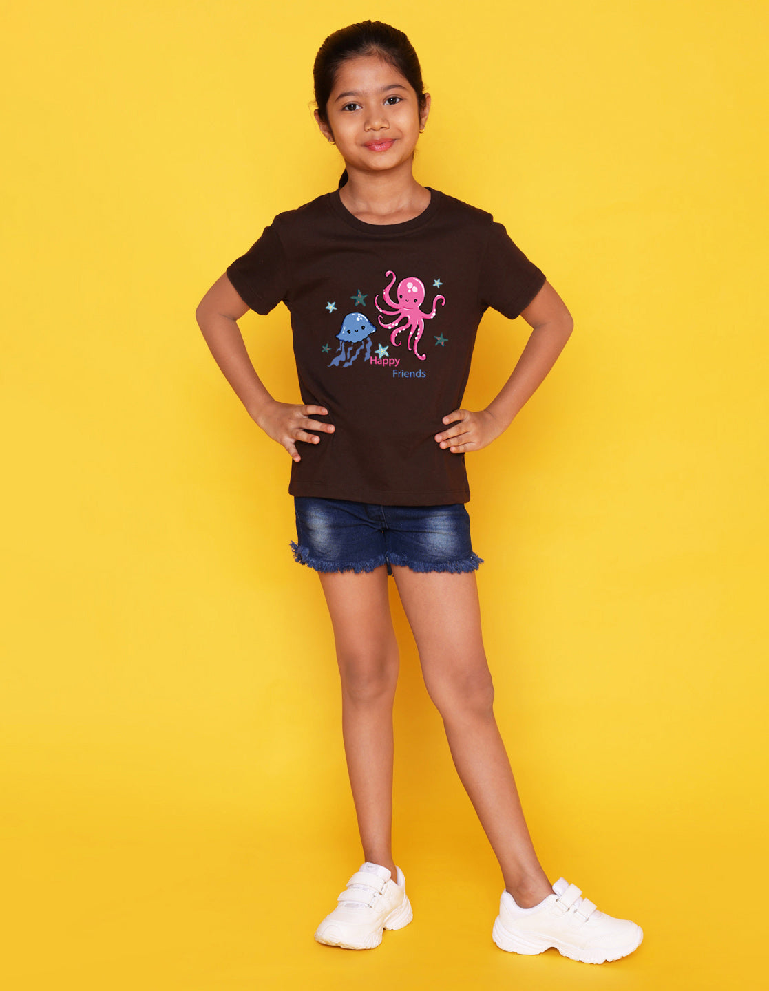 Nusyl Girl's Brown Cute Jellyfish & Text Printed Regular Fit T-Shirt