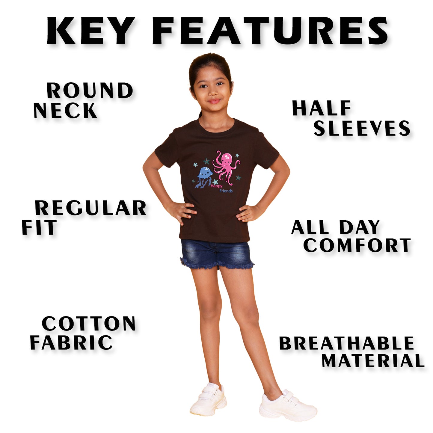 Nusyl Girl's Brown Cute Jellyfish & Text Printed Regular Fit T-Shirt