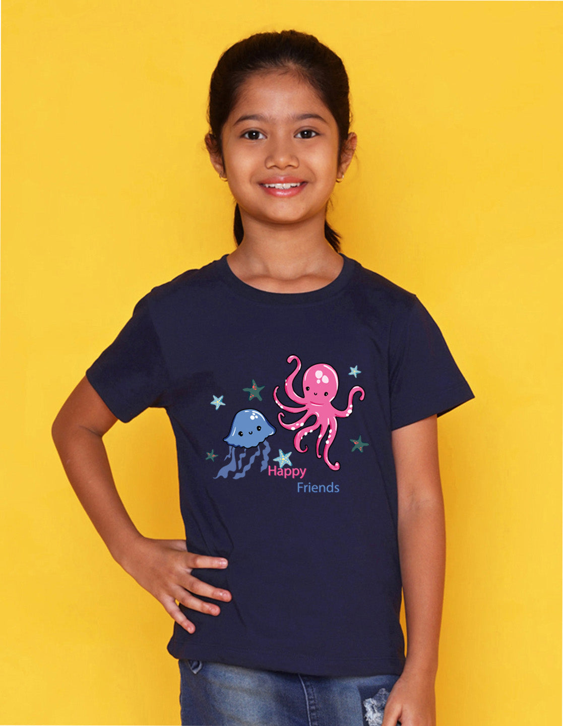 Nusyl Girl's Navy Blue Cute Jellyfish & Text Printed Regular Fit T-Shirt