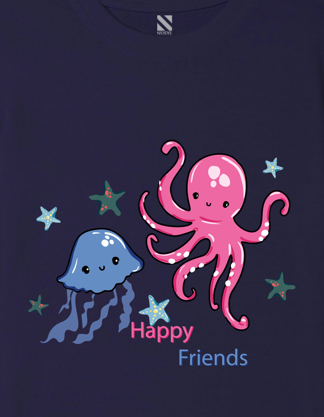 Nusyl Girl's Navy Blue Cute Jellyfish & Text Printed Regular Fit T-Shirt
