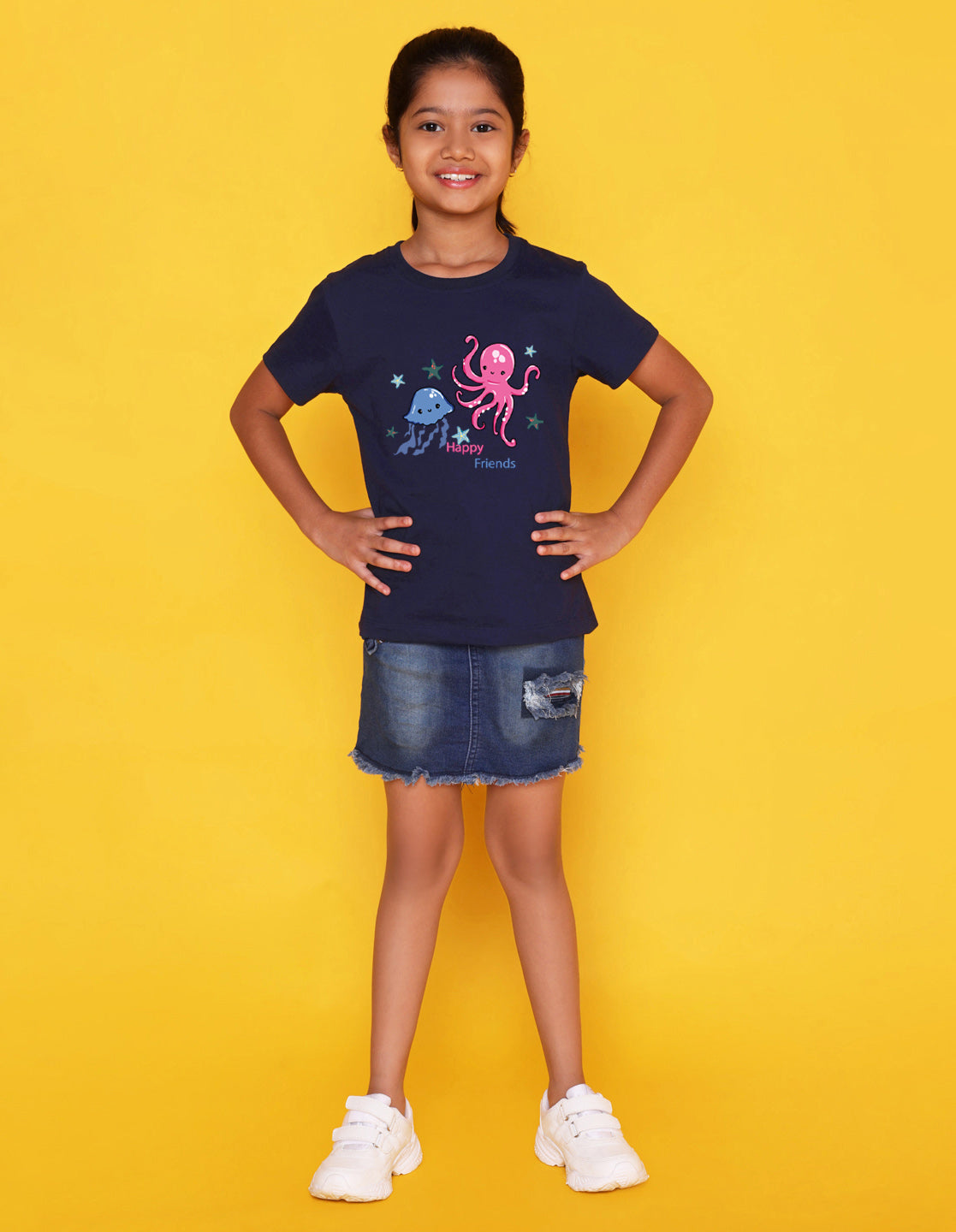 Nusyl Girl's Navy Blue Cute Jellyfish & Text Printed Regular Fit T-Shirt