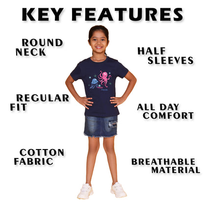 Nusyl Girl's Navy Blue Cute Jellyfish & Text Printed Regular Fit T-Shirt