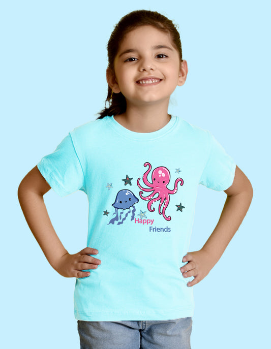 Nusyl Girl's Sky Blue Cute Jellyfish & Text Printed Regular Fit T-Shirt