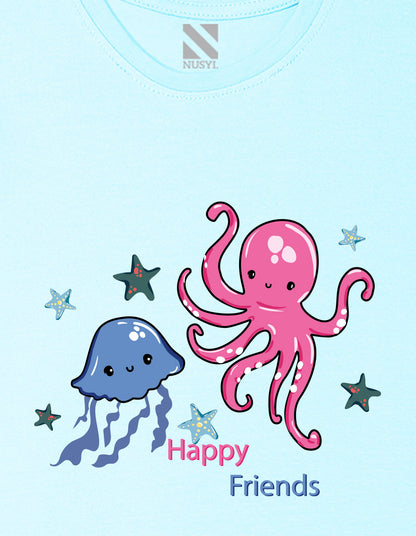 Nusyl Girl's Sky Blue Cute Jellyfish & Text Printed Regular Fit T-Shirt
