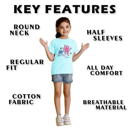 Nusyl Girl's Sky Blue Cute Jellyfish & Text Printed Regular Fit T-Shirt