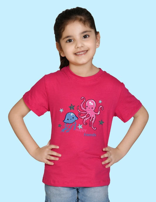 Nusyl Girl's Hot Pink Cute Jellyfish & Text Printed Regular Fit T-Shirt