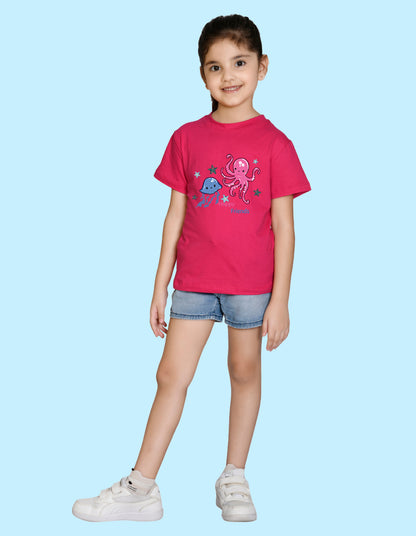Nusyl Girl's Hot Pink Cute Jellyfish & Text Printed Regular Fit T-Shirt