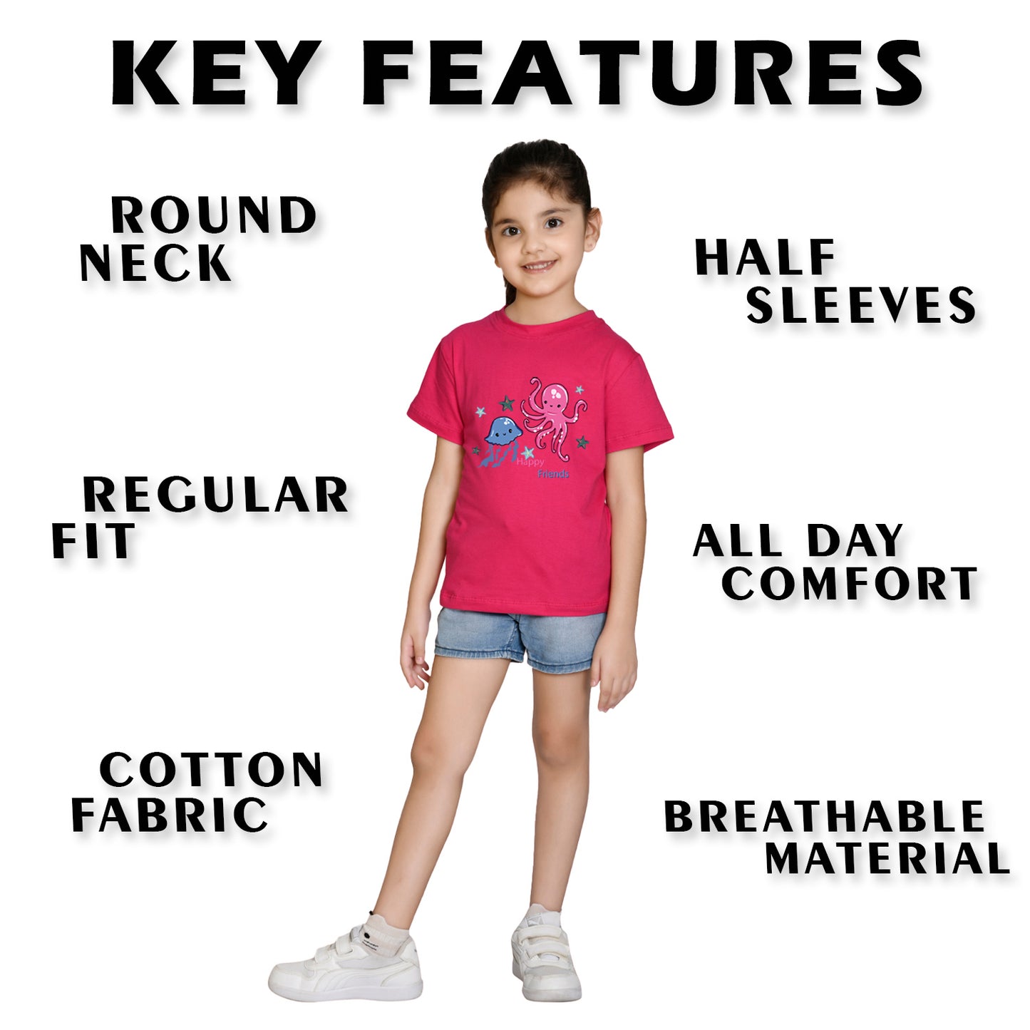 Nusyl Girl's Hot Pink Cute Jellyfish & Text Printed Regular Fit T-Shirt