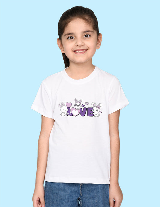 Nusyl Girl's White Love Text Printed Regular Fit T-Shirt