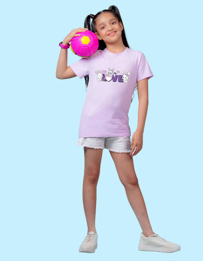 Nusyl Girl's Lilac Love Text Printed Regular Fit T-Shirt