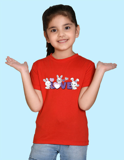 Nusyl Girl's Red Love Text Printed Regular Fit T-Shirt