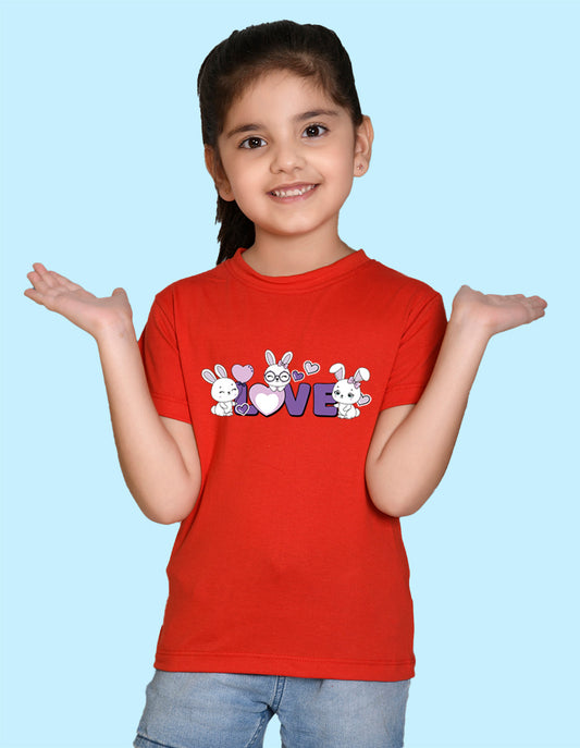 Nusyl Girl's Red Love Text Printed Regular Fit T-Shirt
