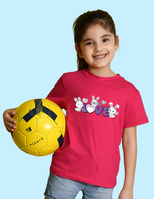 Nusyl Girl's Hot Pink Love Text Printed Regular Fit T-Shirt