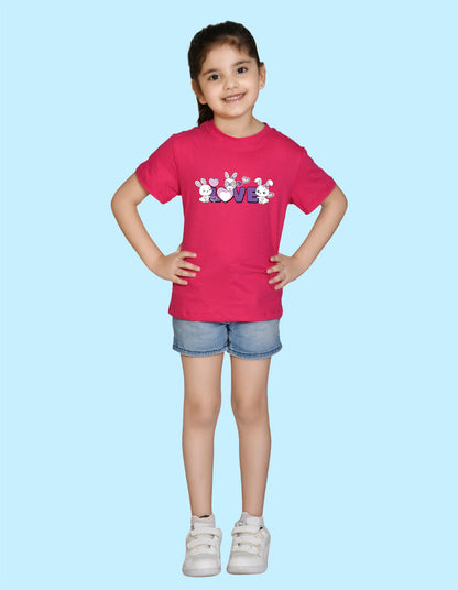 Nusyl Girl's Hot Pink Love Text Printed Regular Fit T-Shirt