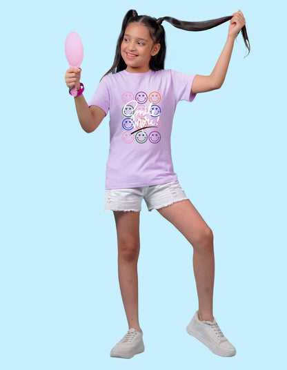Nusyl Girl's Lilac Smile More Text Printed Regular Fit T-Shirt