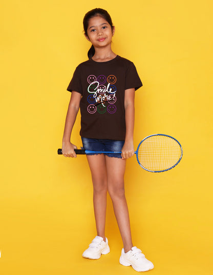 Nusyl Girl's Brown Smile More Text Printed Regular Fit T-Shirt