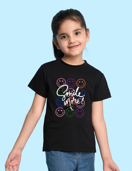 Nusyl Girl's Black Smile More Text Printed Regular Fit T-Shirt