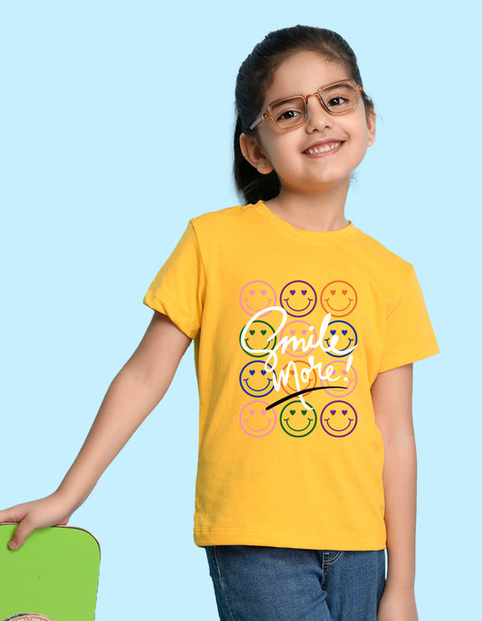 Nusyl Girl's Yellow Smile More Text Printed Regular Fit T-Shirt