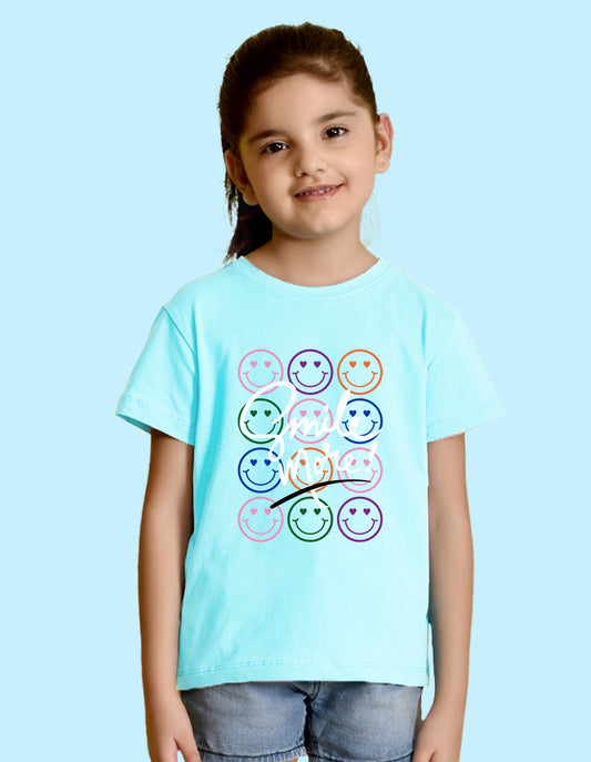 Nusyl Girl's Sky Blue Smile More Text Printed Regular Fit T-Shirt