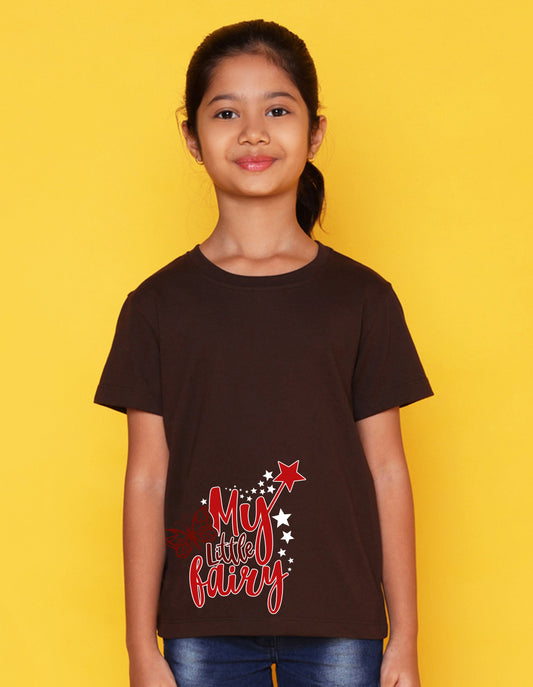 Nusyl Girl's Brown My Little Fairy Printed Regular Fit T-Shirt