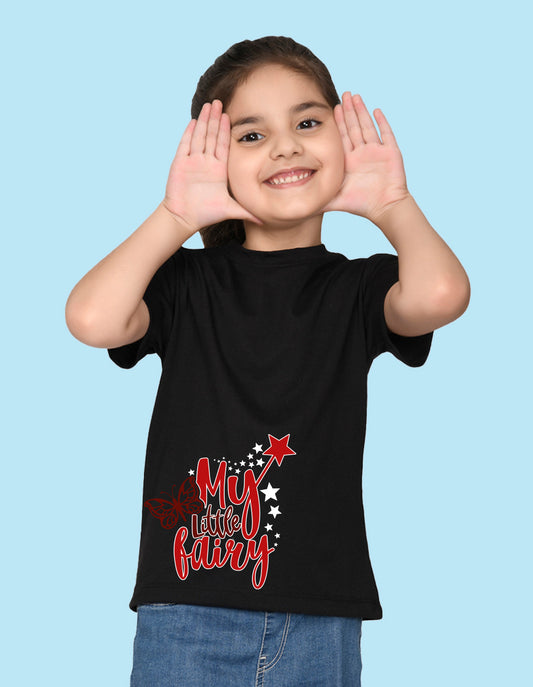 Nusyl Girl's Black My Little Fairy Printed Regular Fit T-Shirt