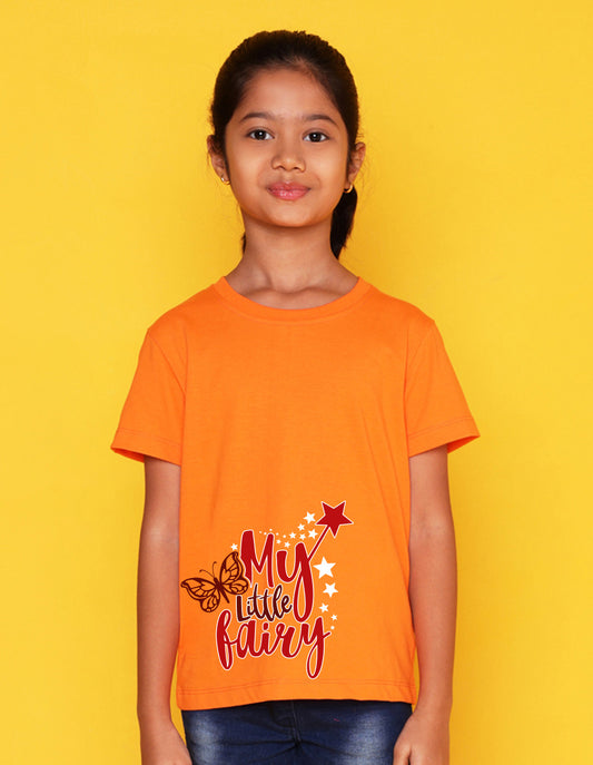 Nusyl Girl's Orange My Little Fairy Printed Regular Fit T-Shirt