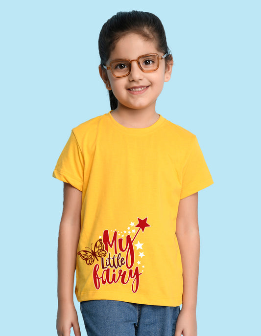 Nusyl Girl's Yellow My Little Fairy Printed Regular Fit T-Shirt