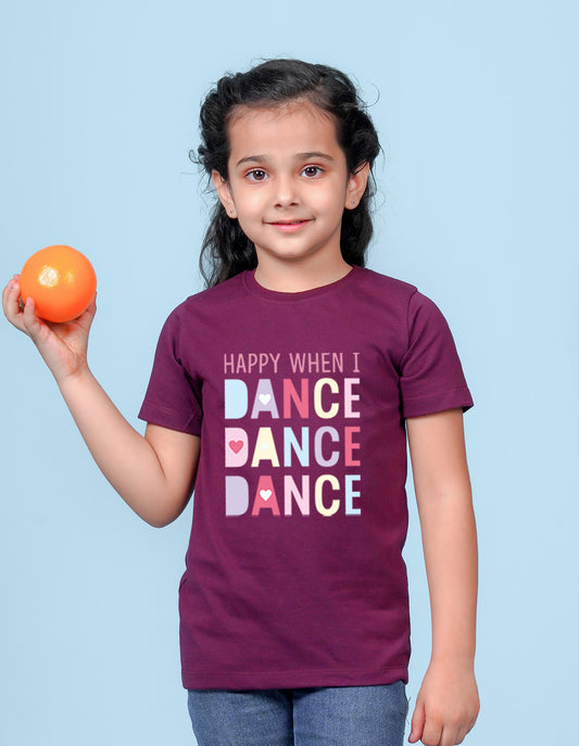 Nusyl Girl's Wine Happy When i Dance Text Printed Regular Fit T-Shirt