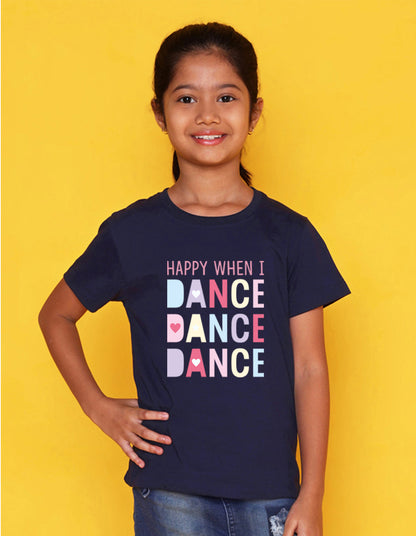 Nusyl Girl's Navy Blue Happy When i Dance Text Printed Regular Fit T-Shirt