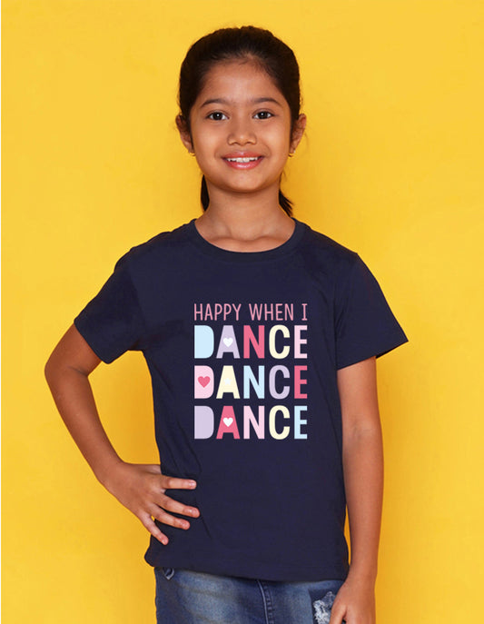 Nusyl Girl's Navy Blue Happy When i Dance Text Printed Regular Fit T-Shirt
