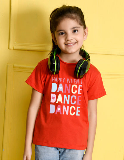 Nusyl Girl's Red Happy When i Dance Text Printed Regular Fit T-Shirt