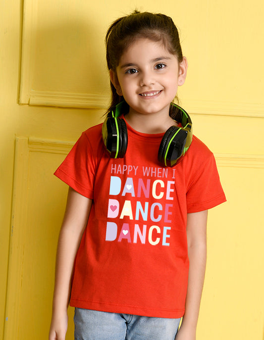 Nusyl Girl's Red Happy When i Dance Text Printed Regular Fit T-Shirt