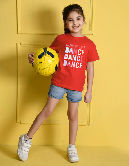 Nusyl Girl's Red Happy When i Dance Text Printed Regular Fit T-Shirt