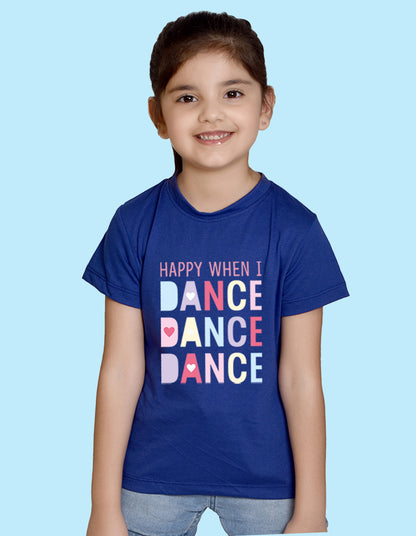 Nusyl Girl's Royal Blue Happy When i Dance Text Printed Regular Fit T-Shirt
