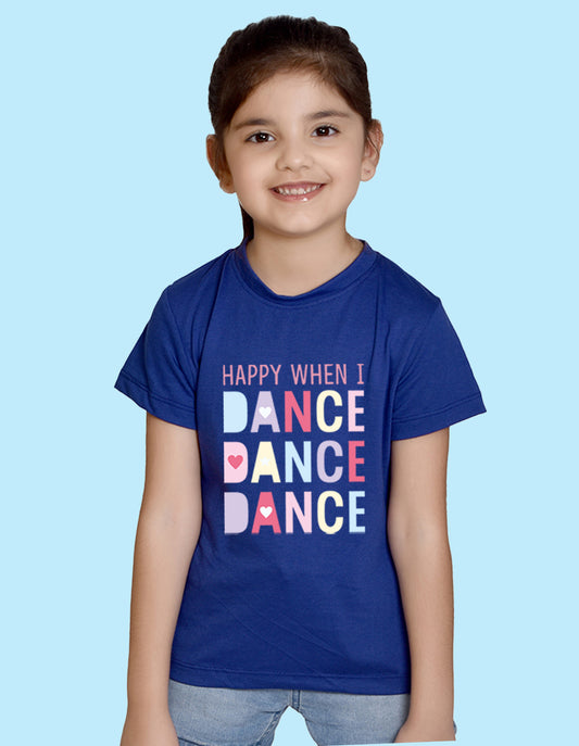 Nusyl Girl's Royal Blue Happy When i Dance Text Printed Regular Fit T-Shirt