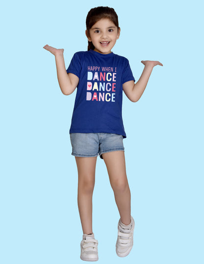 Nusyl Girl's Royal Blue Happy When i Dance Text Printed Regular Fit T-Shirt