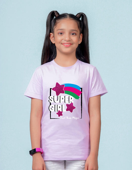 Nusyl Girl's Lilac Super Girl & Star Printed Regular Fit T-Shirt