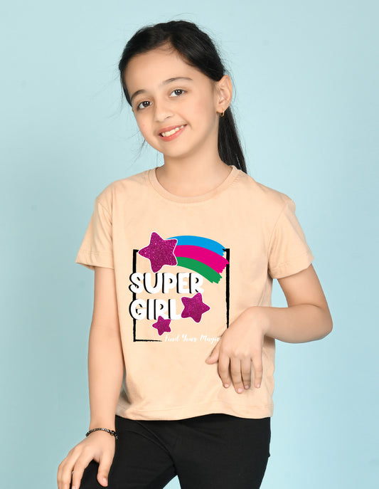 Nusyl Girl's Beige Super Girl & Star Printed Regular Fit T-Shirt