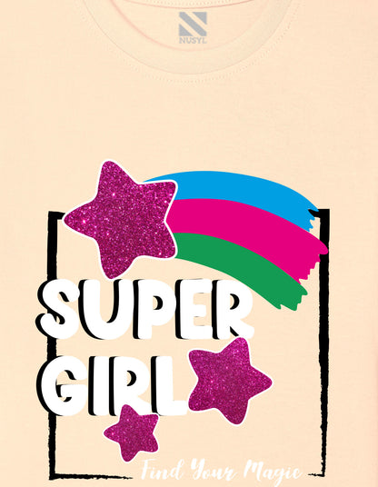 Nusyl Girl's Beige Super Girl & Star Printed Regular Fit T-Shirt