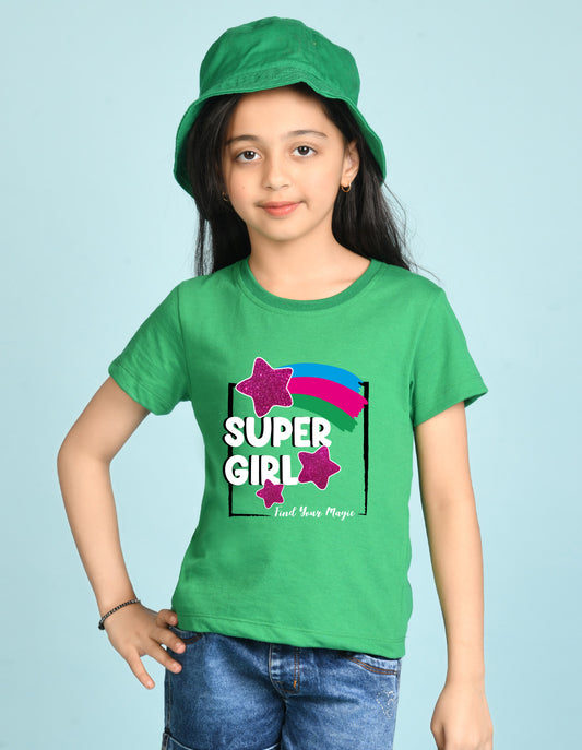 Nusyl Girl's Green Super Girl & Star Printed Regular Fit T-Shirt