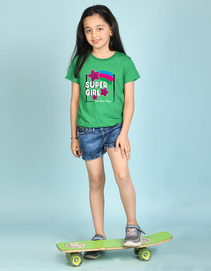 Nusyl Girl's Green Super Girl & Star Printed Regular Fit T-Shirt