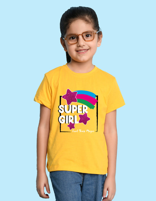 Nusyl Girl's Yellow Super Girl & Star Printed Regular Fit T-Shirt
