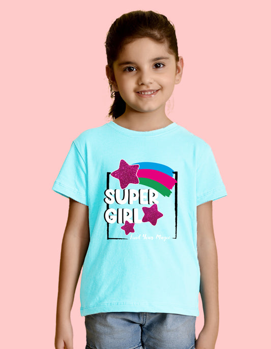 Nusyl Girl's Sky Blue Super Girl & Star Printed Regular Fit T-Shirt